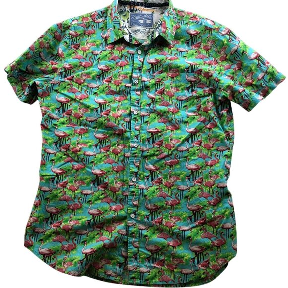 Huntington Beach Club Mens Hawaiian Shirt Large Short Sleeve Green Flamingo - Picture 1 of 11